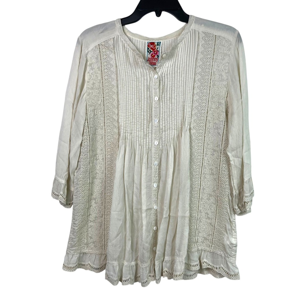 Johnny Was Womens Ivory Eyelet Lace Pintuck Button Front Tunic Blouse Size S